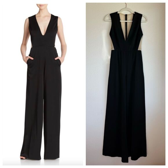 Alice + Olivia Londyn Sheer Panel V-Neck Sleeveless Wide Leg Jumpsuit in Black 2 - Picture 1 of 12